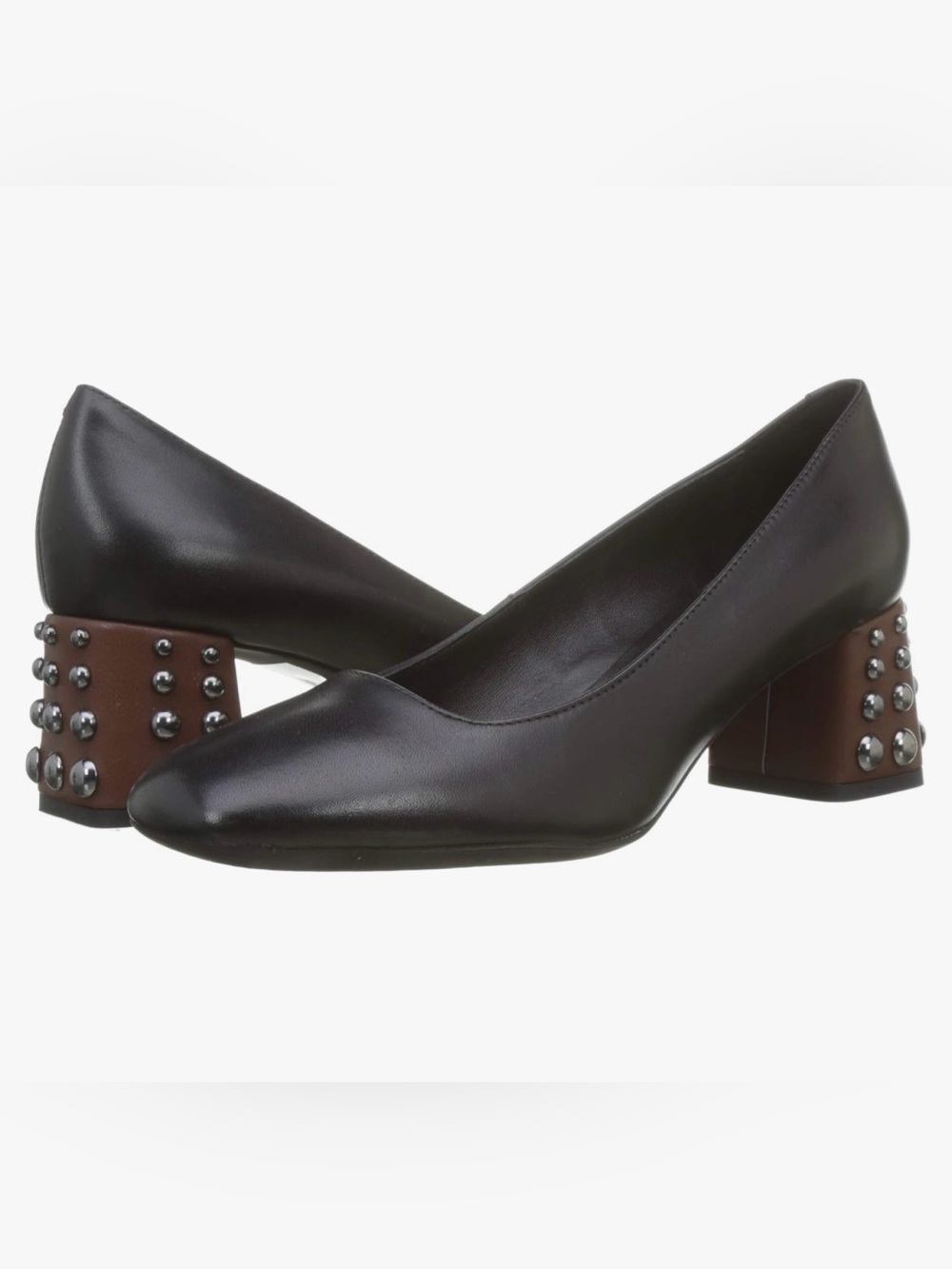 New Geox Respira Black Leather Block Heel Pump with Studded Brown Heel size41 EU
